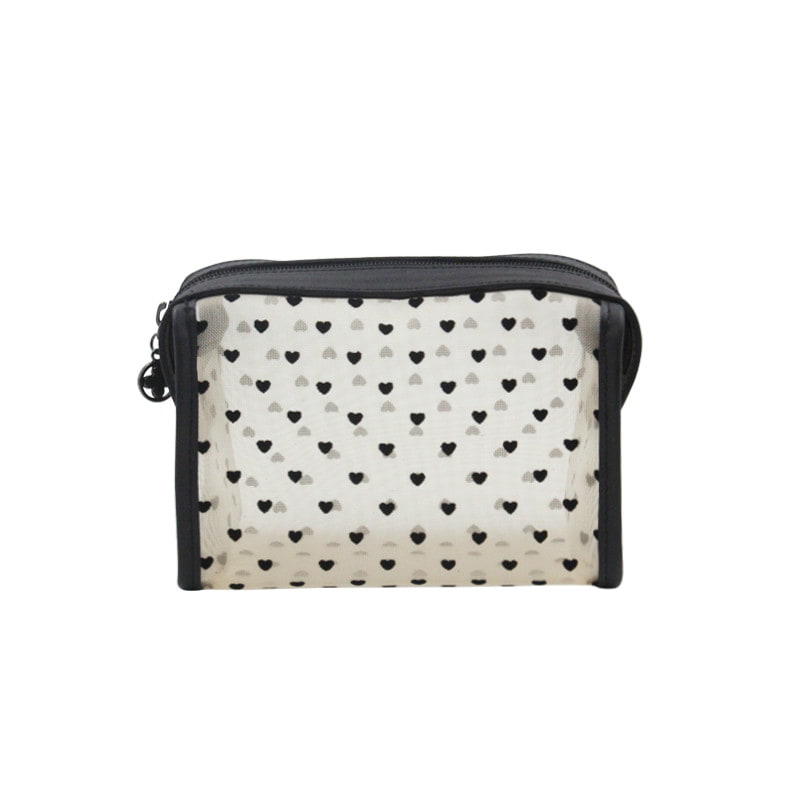 3613 Lindo bolso de maquillaje con estampado de corazón negro transparente