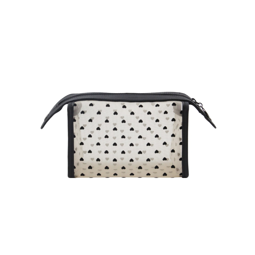 3613 Lindo bolso de maquillaje con estampado de corazón negro transparente