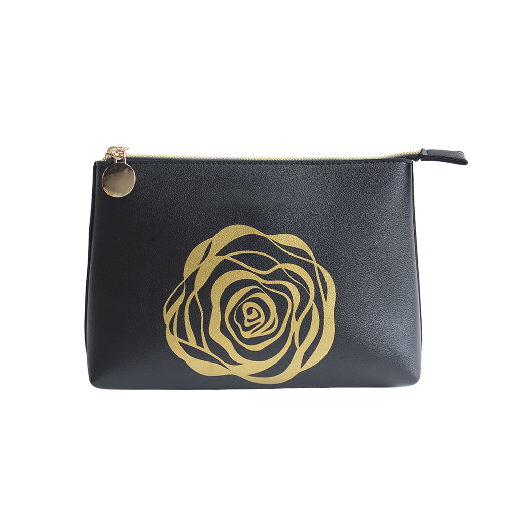 4112 Bolsa de viaje para maquillaje cosmético con estampado de rosas doradas y negras