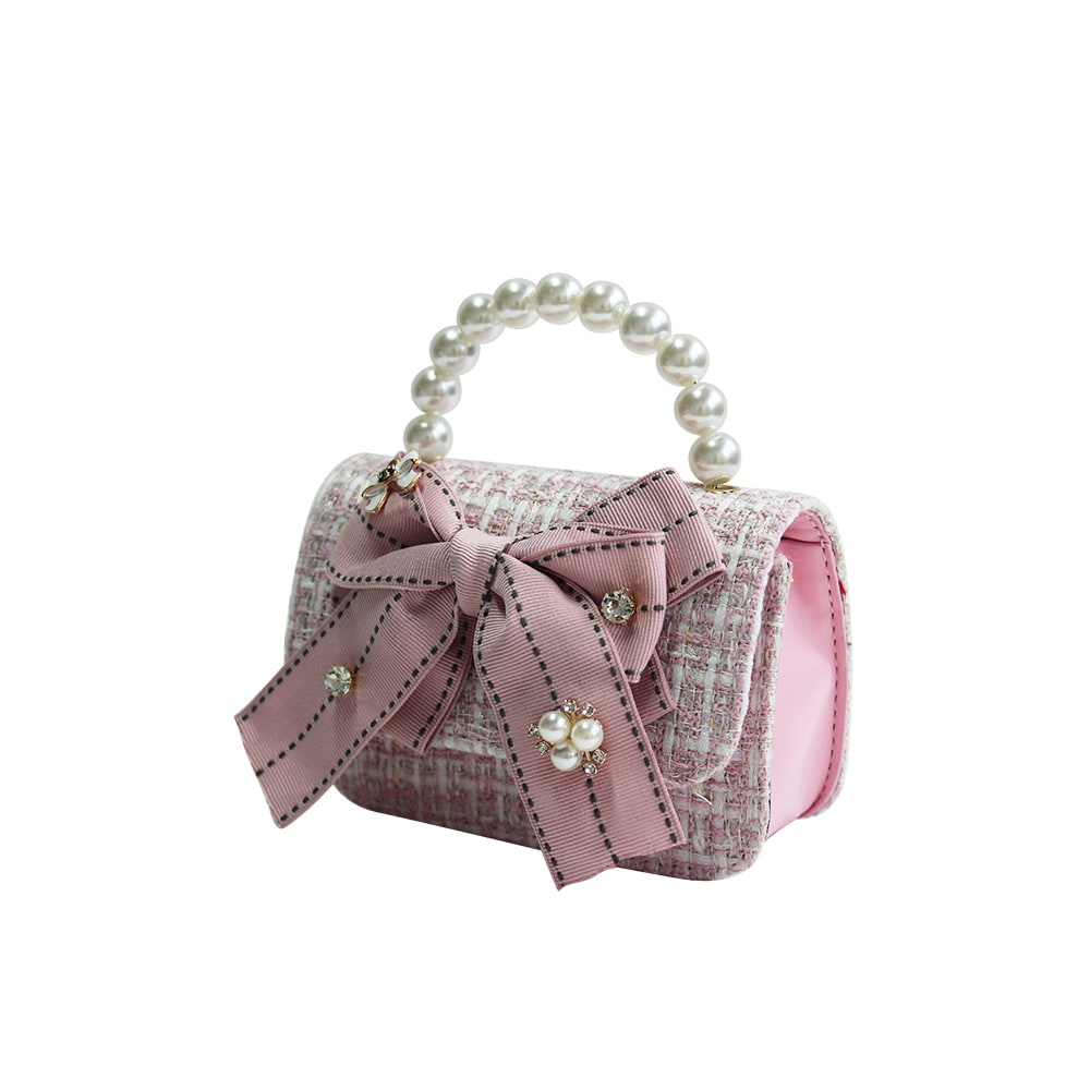 3102 Bolso pequeño con lazo y perlas para niñas lindas con cadena