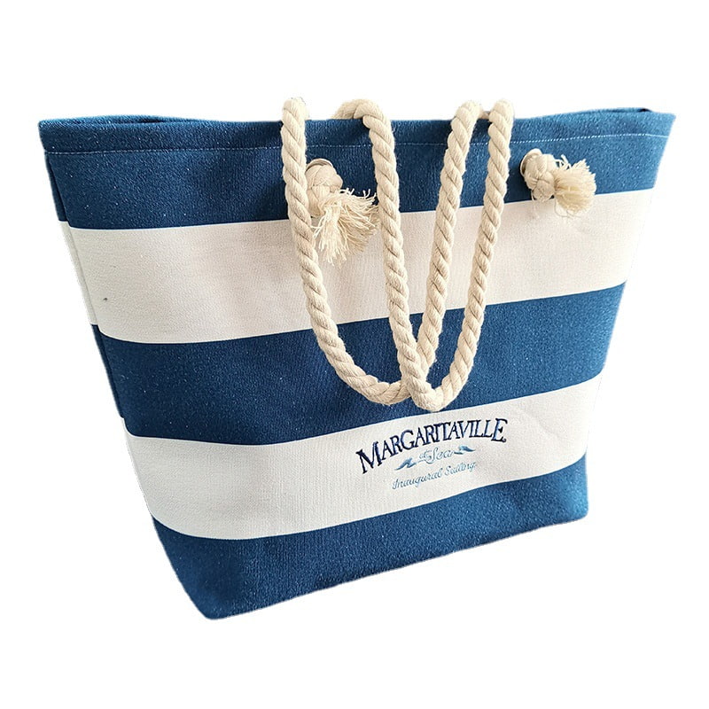 BD-GM34 Bolso de playa informal de lona con rayas azul marino grande